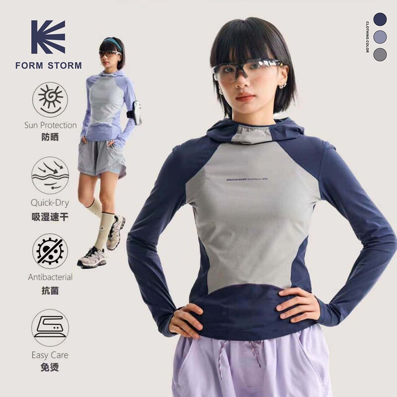 Black Fleet Outdoor Color-Block Hooded Long-Sleeve T-Shirt for Women, Quick-Drying, Moisture-Wicking, Sun-Protective, Slim-Fit Running Top