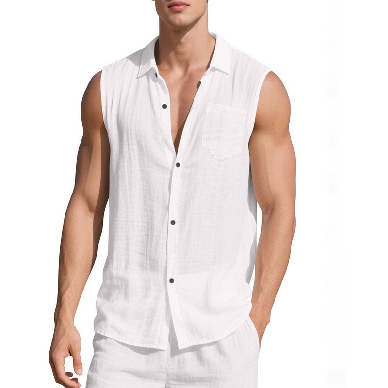 Summer European and American Style Thin Fashion Simple Casual Loose Lapel Linen Shirt Sleeveless Cardigan T-Shirt Men's Vest