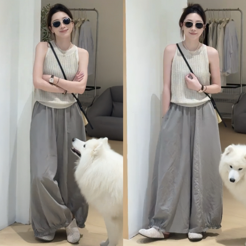 Very Stylish Summer Outfit, Korean Fashion, Lazy and Casual Knit Sleeveless Top with Lantern Wide-Leg Pants Two-Piece Set
