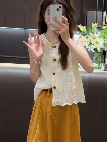 今年流行的夏装套装镂空无袖上衣阔腿裤小个子显高时尚减龄两件套