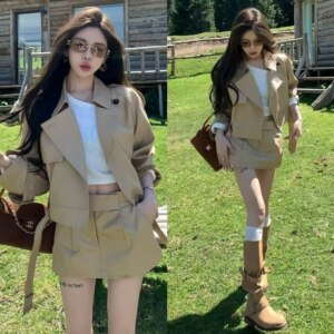 Early Autumn Complete Outfit Set, Cool and Stylish Korean Fashion Workwear Short Jacket, T-Shirt, Short Skirt Three-Piece Set