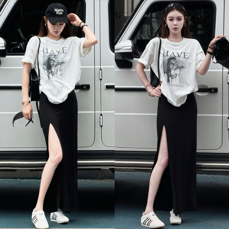 Unique and Beautiful Early Summer Outfit, Korean Style, Lazy and Fashionable Printed Short-Sleeved T-Shirt and Slit Skirt Two-Piece Set Unique and Beautiful Early Summer Outfit, Korean Style, Lazy and Fashionable Printed Short-Sleeved T-Shirt and Slit Skirt Two-Piece Set