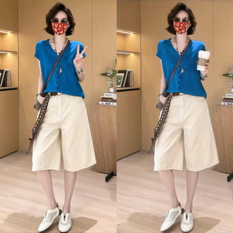 Unique and Beautiful Early Summer Outfit for Petite People, Korean Style Fashionable Age-Reducing Sleeveless Knitted Vest and Casual Mid-Length Pants Two-Piece Set Unique and Beautiful Early Summer Outfit for Petite People, Korean Style Fashionable Age-Reducing Sleeveless Knitted Vest and Casual Mid-Length Pants Two-Piece Set