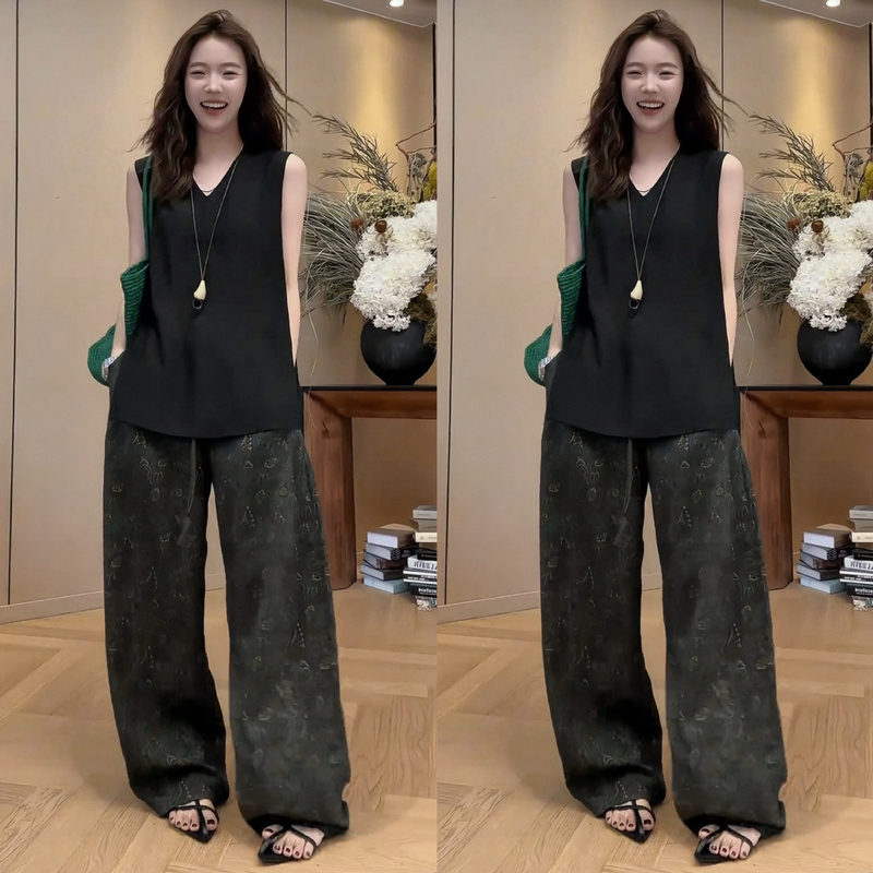 Very Stylish Summer Outfit, a Complete Set of Korean-Style Relaxed and Lazy Style Acetate Sleeveless Top and Wide-Leg Pants Two-Piece Set Very Stylish Summer Outfit, a Complete Set of Korean-Style Relaxed and Lazy Style Acetate Sleeveless Top and Wide-Leg Pants Two-Piece Set