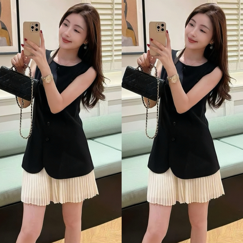 A Complete Set of Korean-Style Old Money Style Summer Outfits for Mature Women, Including a Sleeveless Blazer, Vest, and Skirt Set with a High-End Feel