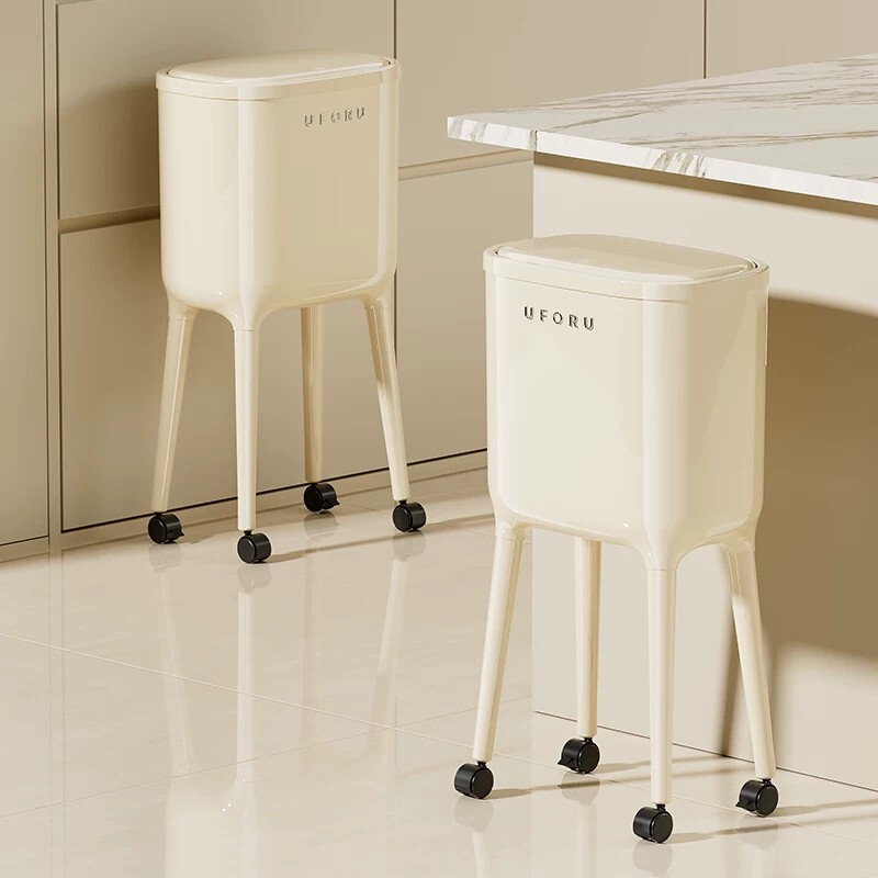 Uforu No-Bending High-Footed Kitchen Trash Can, Press-Type Household Large-Capacity Sanitary Bin with Wheels, Movable