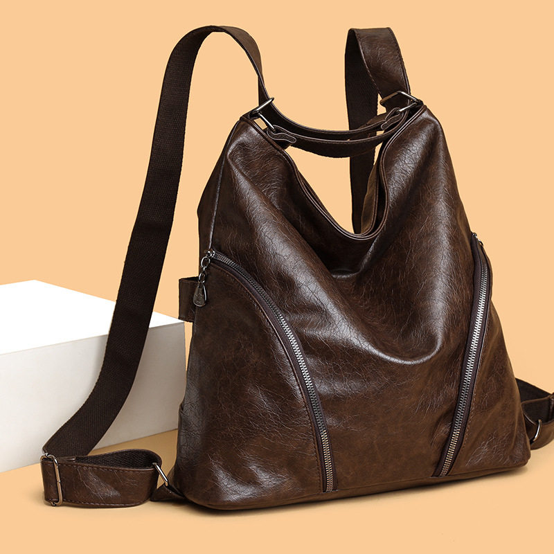 Capacious retro leather phone bag with zipper, backpack