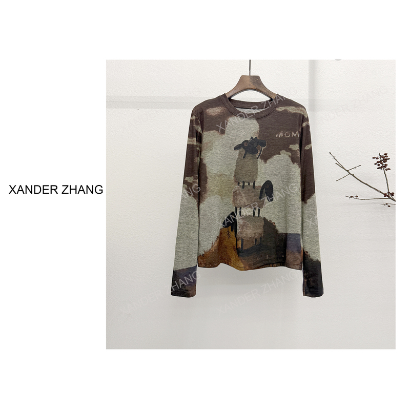 Artistic Sheep Graffiti Print High-Elastic Knit T-Shirt Ybt1K773, Artistic and Fashionable, Slimming Effect Artistic Sheep Graffiti Print High-Elastic Knit T-Shirt Ybt1K773, Artistic and Fashionable, Slimming Effect