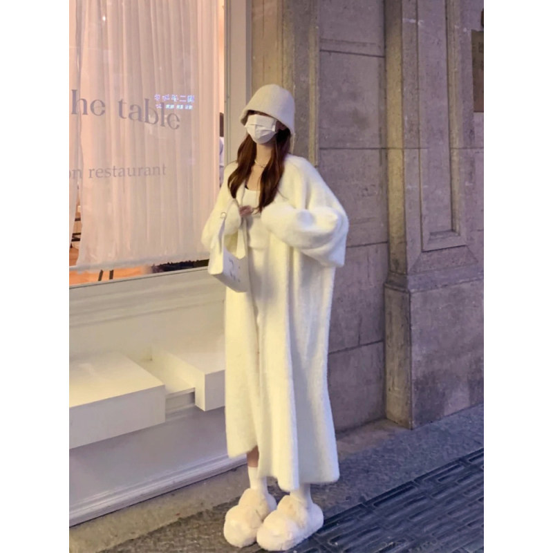 White Mink Velvet Cardigan Sweater, Mid-Length, Loose and Lazy Style Knitted Coat for Women, Autumn and Winter Bathrobe Outerwear