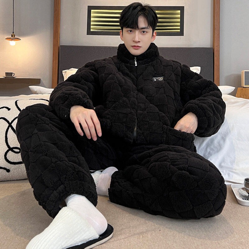 2025 New Coral Velvet Pajamas for Men, Winter Three-Layer Thickened Fleece-Lined Quilted Ultra-Thick Cotton Jacket, Warm Home Wear