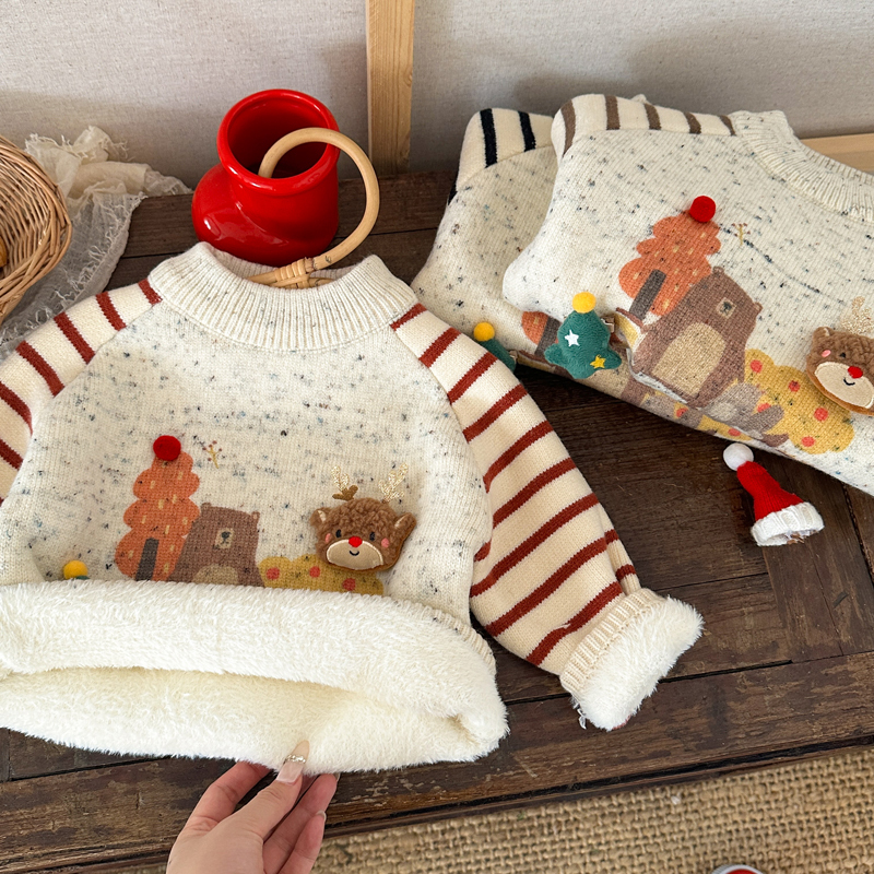 Children's Fleece-Lined Thick Pullover Sweater for Boys, Winter Cartoon Knit Sweater, Baby Integrated Fleece Knitwear, Trendy