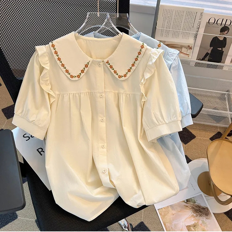 Summer Korean Style New Doll Collar Fresh College Style Embroidered Shirt for Women Japanese Retro Sweet Age-Reducing Shirt