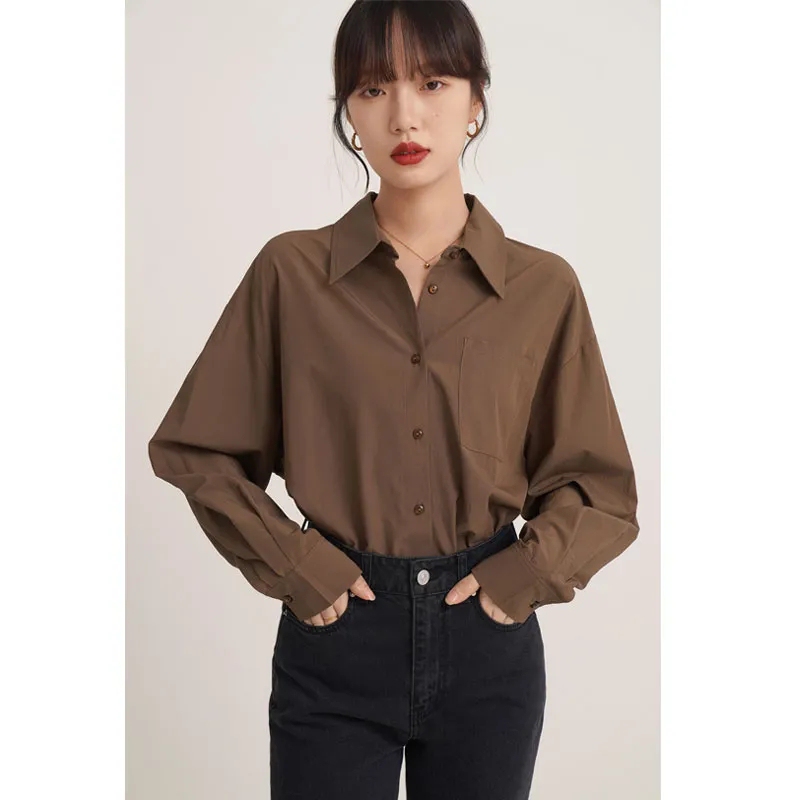 French-Style Shirt for Women, New Spring and Autumn Collection, Coffee-Colored Long-Sleeve Shirt with a Unique Design, Loose Fit, Layering Top