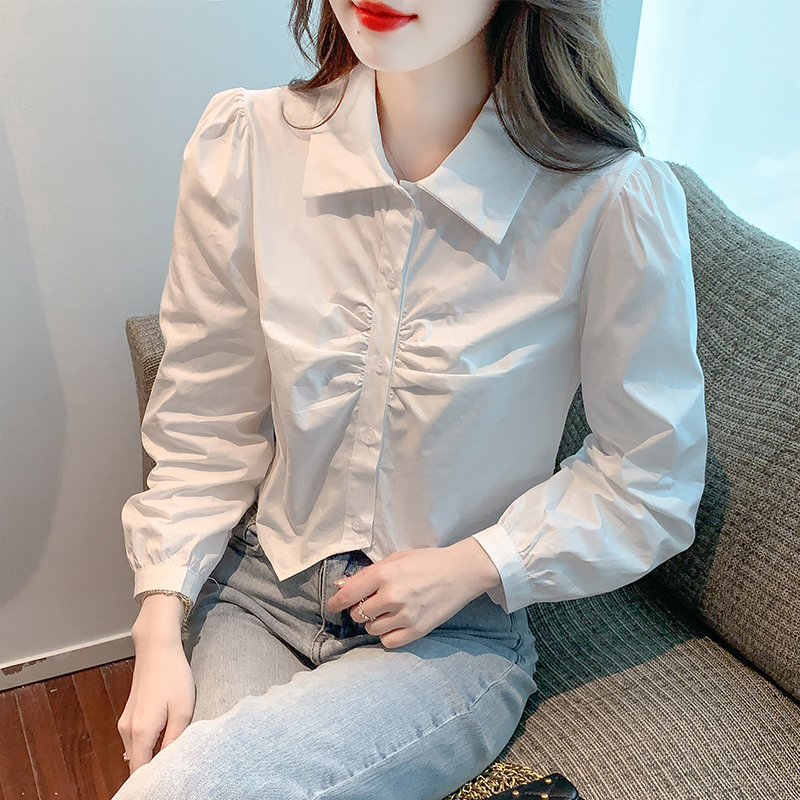 Fashionable White Polo Collar Shirt for Women, Early Autumn New Style, Irregular Short Top, Stylish and Unique Blouse