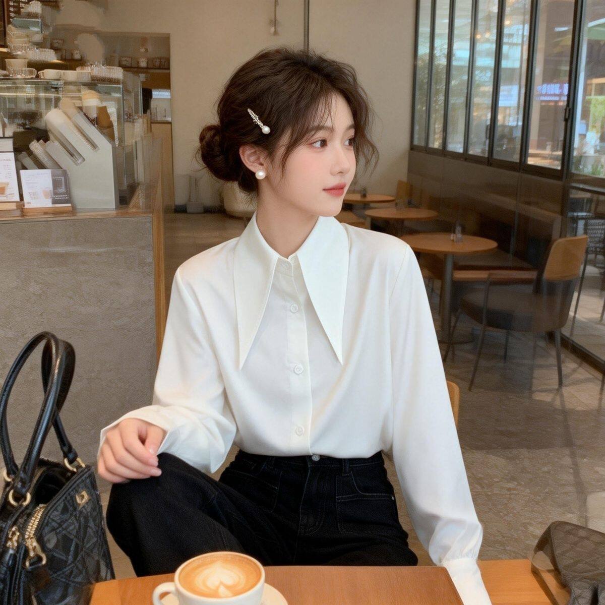 French-style high-end women's shirt, flowing blouse, unique layering style, chic and trendy white top with a large pointed collar.