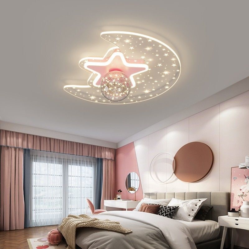Princess Starry Sky Bedroom Lamp Simple Modern Warm Romantic Ceiling Lamp Children's Room Eye Protection Star and Moon Lamp