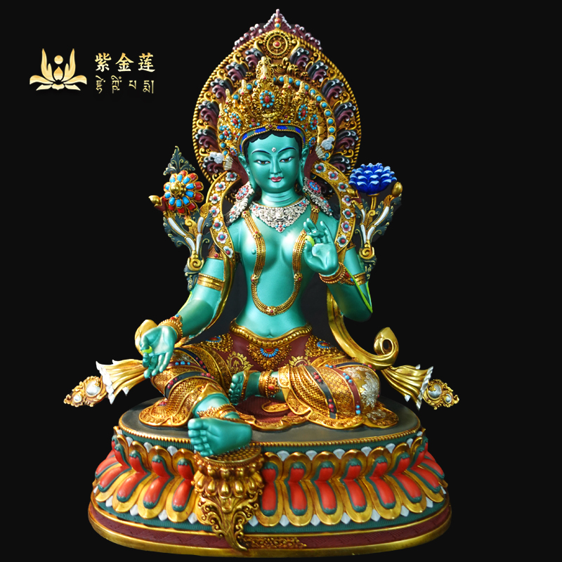 Purple Lotus Nepalese Tibetan Craftsmanship Tibetan Tantric Painted Green Tara Pure Copper Hand-Engraved