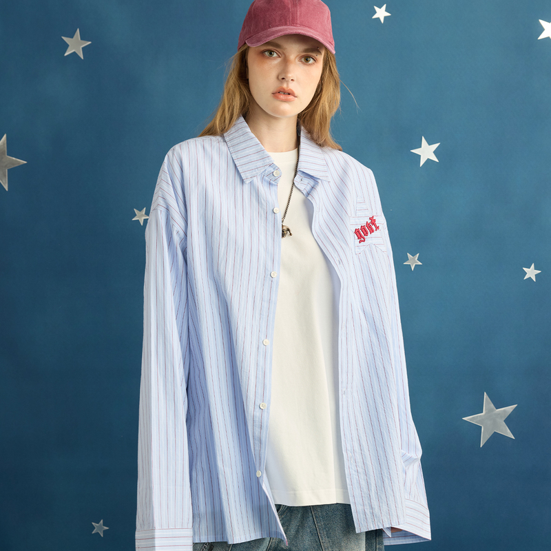 Gost Star Patch Embroidery Blue and White Striped Shirt Jacket Personalized Trendy Brand Top College Style