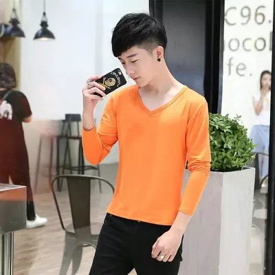 Phương thức mỏng nam dài tay t- shirt bông v- cổ mỏng đáy áo màu rắn thanh niên mùa thu quần áo t- áo sơ mi thủy triều