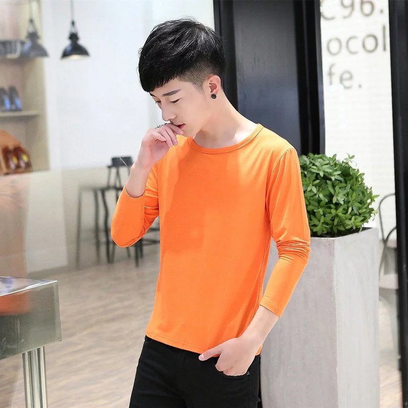 Phương thức mỏng nam dài tay t- shirt bông vòng cổ mỏng đáy áo màu rắn thanh niên mùa thu quần áo t- áo sơ mi thủy triều