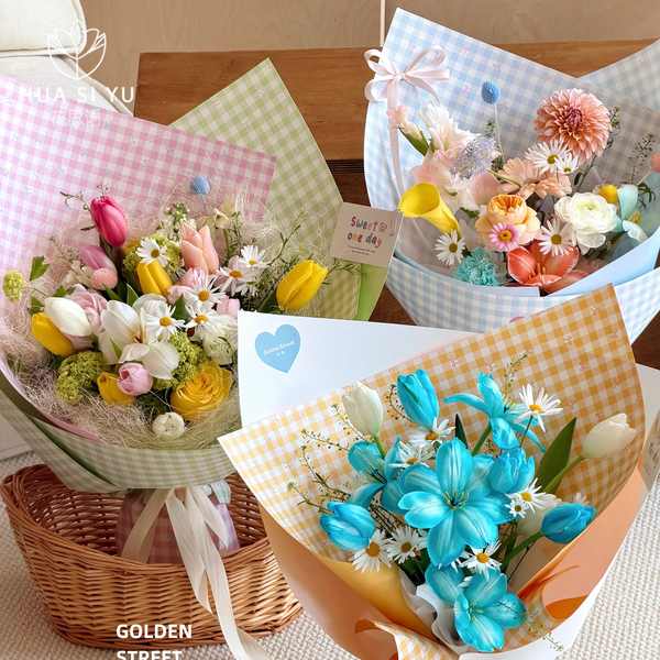 Spring Fresh Color Grid Thickened Flower Bouquet Wrapping Paper, Vichy Plaid Flower Wrapping Paper, Flower Shop Floral Materials and Supplies