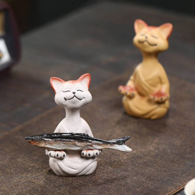 Purely handmade high-end purple sand tea pet meditating cat lucky cat small ornaments boutique can raise tea set tea play decorations