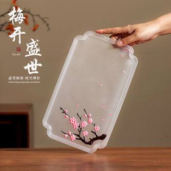 Flowing Cloud Glass Hand-Painted Plum Blossom Glass Tea Tray, Small Household Dry Brewing Tray, Chinese Style Simple Tea Table, Tea Set Insulation Tray