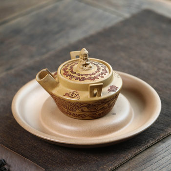 Yixing Purple Clay Handcrafted Teapot with Hand-Engraved Buddha and Guanyin Designs, Three-Piece Tea Set with Lid Bowl, High-End Single Tea Cup