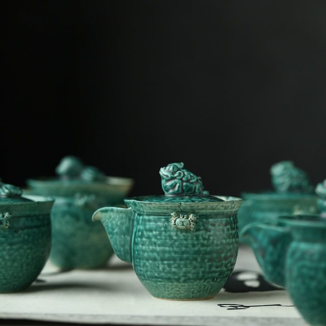 Jingdezhen kiln turned matte green glaze open piece goldfish and toad cover bowl easy-to-make pot hand-caught pot cover cup tea set