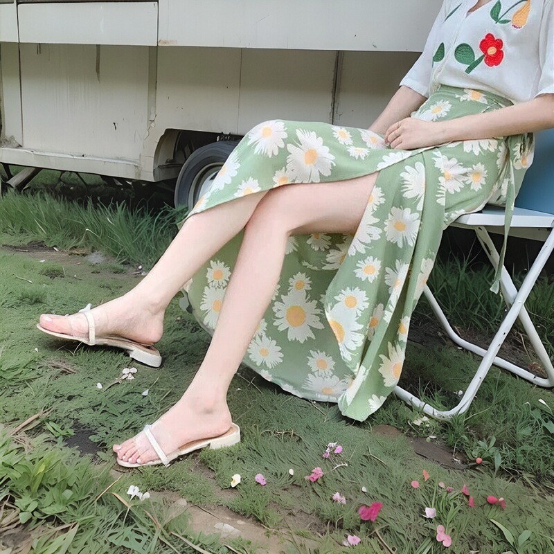 Floral Wrap Skirt, Mid-Length, Tied with Chiffon, Vacation Sun Protection Beach Skirt, One-Piece Skirt, Apron-Style Skirt