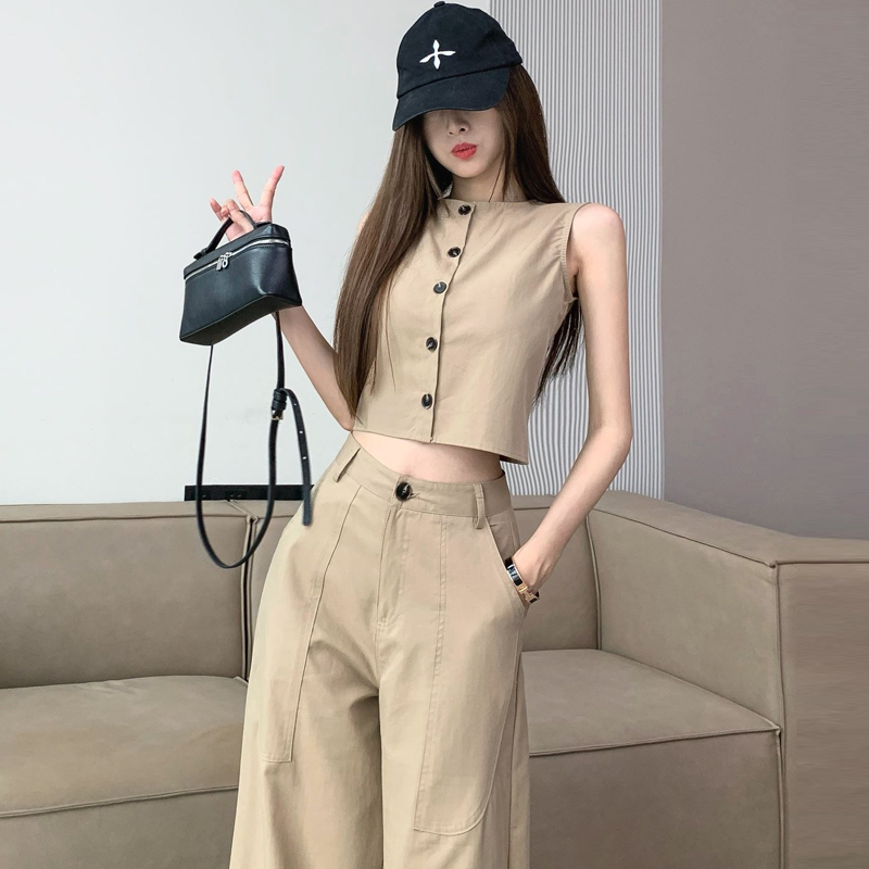 Coffee-Colored High-End Casual Suit for Women 2024 Summer Thin Style Sexy Sleeveless Top with Drapey Wide-Leg Cargo Pants