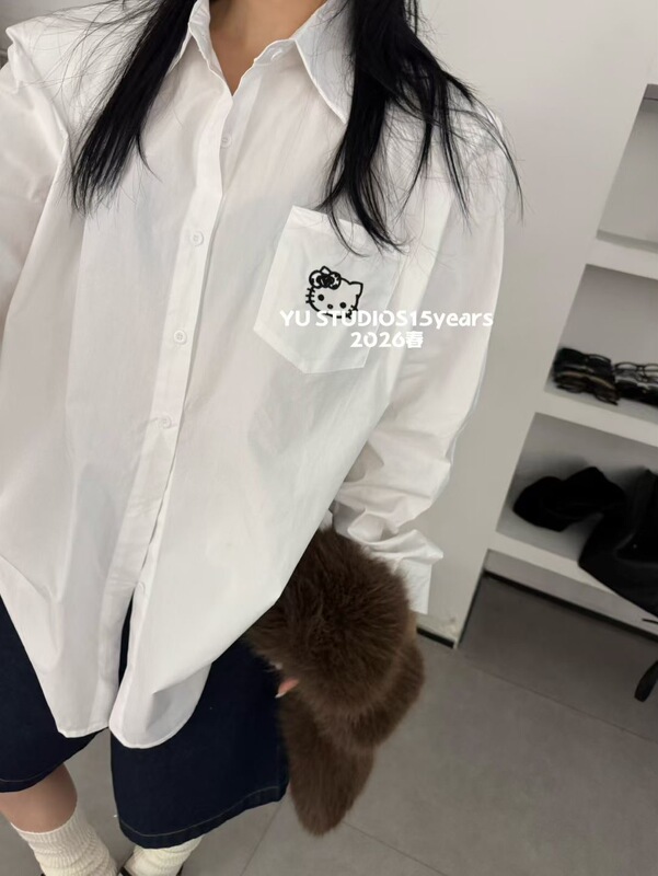 Dongroom2026 Spring New Fashion Cartoon Kt Cat Embroidered Shirt for Women Loose and Lazy Design Long-Sleeved Top