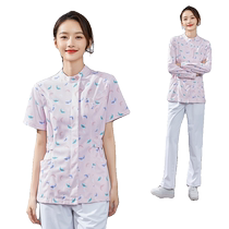 High-end nurse uniform beauty salon confinement center split-piece nurse uniform pink floral short two-piece set