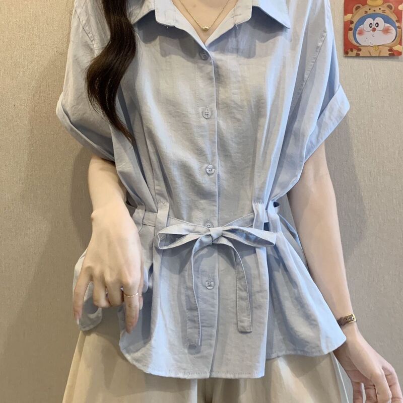 Beautiful Blue Short-Sleeved Shirt for Slightly Chubby Women, 2026 Summer New Popular Style, Waist-Cinching, Tummy-Covering, Very Flattering Top
