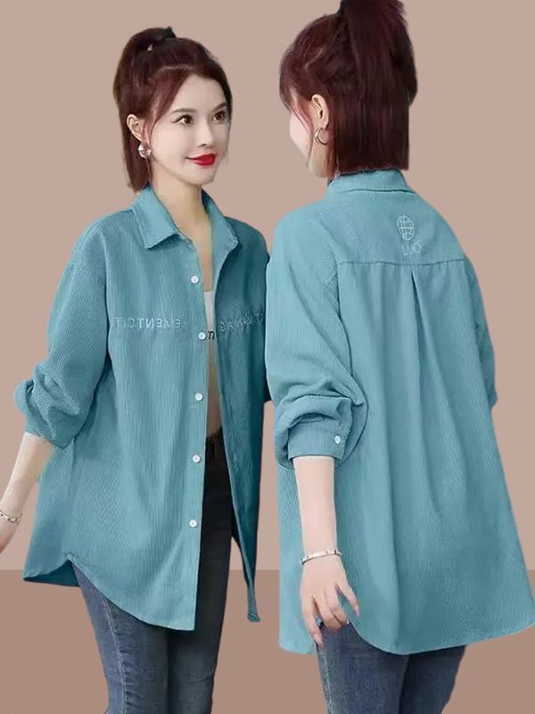 Autumn New Sweet Corduroy Simple Solid Color Top 2026 Mid-Length Embroidered Fashionable Versatile Jacket Shirt