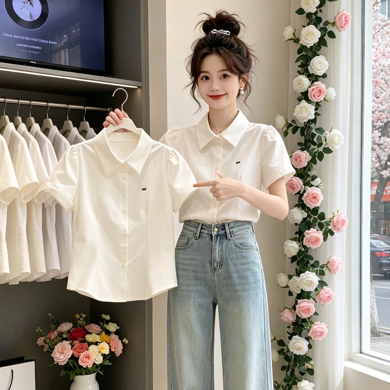 Summer New White Shirt for Women, Preppy Style, Sweet Shirt with Butterfly Embroidery Design, Slimming Short-Sleeved Top