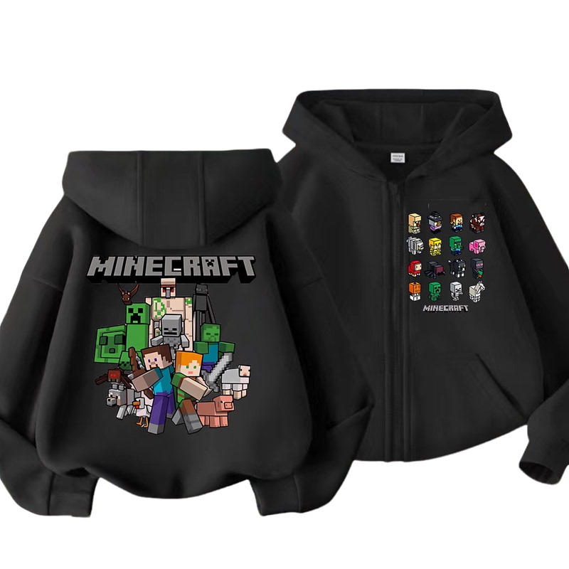 Cool and Stylish Minecraft Printed Zip-Up Cardigan Jacket for Boys and Girls, Autumn and Winter College Style Hooded Sweatshirt for Older Children
