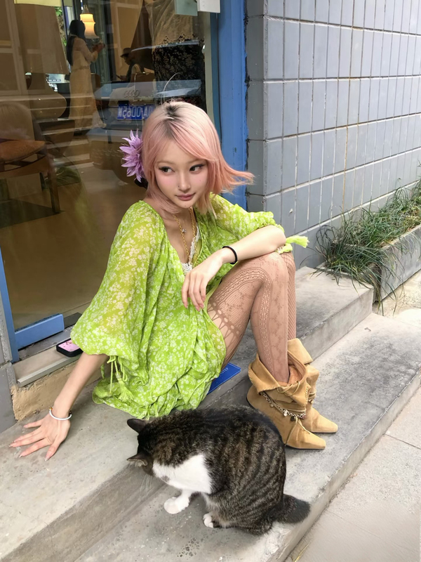 Runrunswet Original "Midsummer Vine" Vacation Retro Green Sun-Protective Loose Batwing Sleeve Dress
