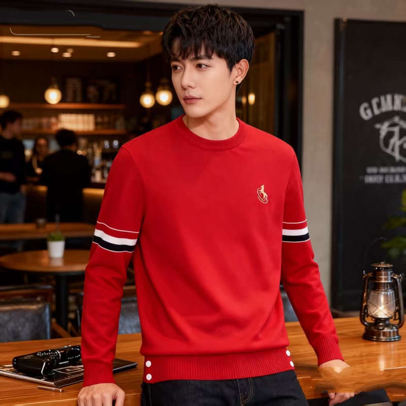 2026 Year of the Horse Embroidered Zodiac Year Couple's Red Knitted Sweater Base Shirt Men's Plus Size Top Trendy Brand 2026 Year of the Horse Embroidered Zodiac Year Couple's Red Knitted Sweater Base Shirt Men's Plus Size Top Trendy Brand