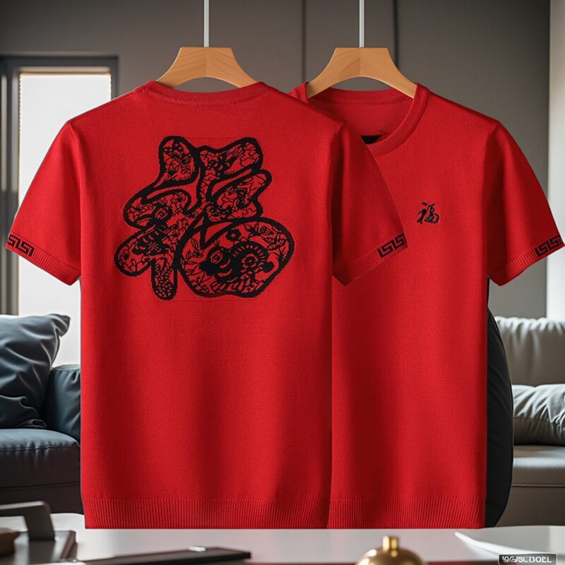 2026 Year of the Horse New Year Zodiac Year Red Festive Knitted Sweater Unisex Couple Half-Sleeve Base Shirt Trendy Brand