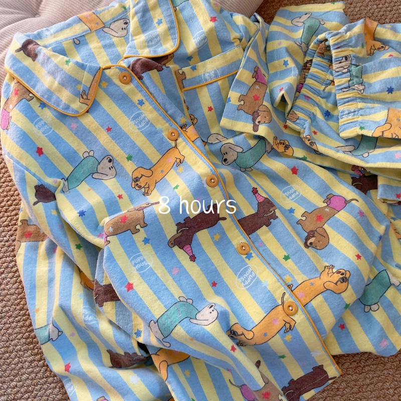 8Hours·Honey Butter All-Cotton Brushed Thick Spring and Autumn Women's Pajamas American Striped Set Dachshund Dog
