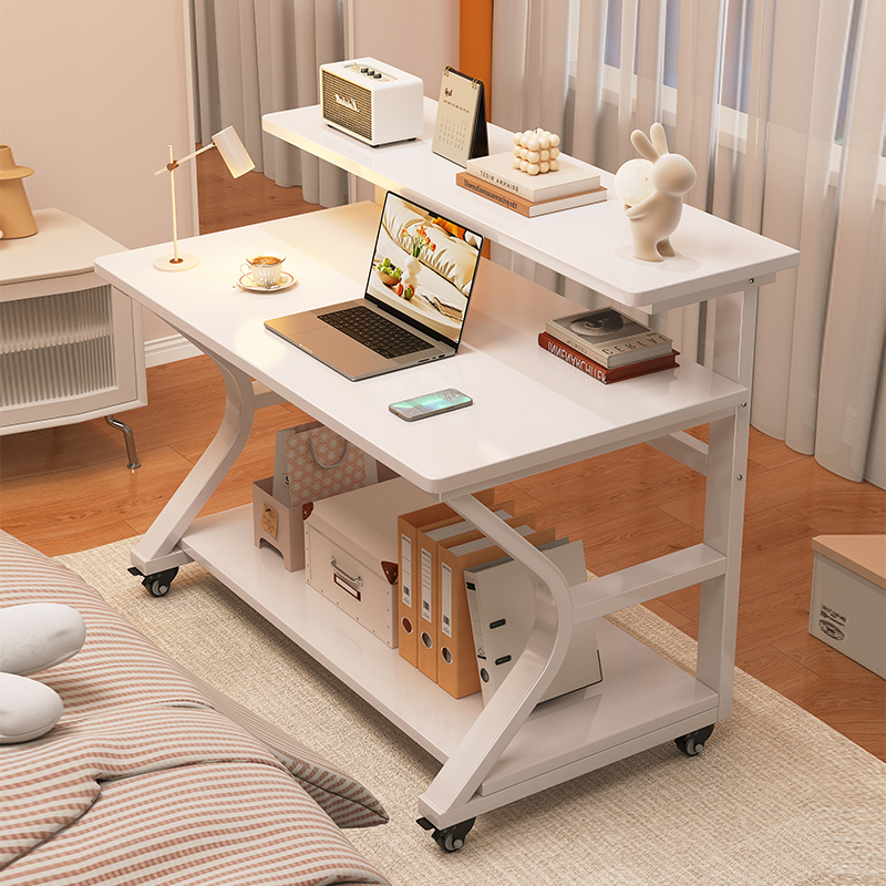 Movable Computer Desk for Bedroom, Home Use, Double-Layer Small Desk, Student Study Writing Desk, Simple Bedside Table with Wheels