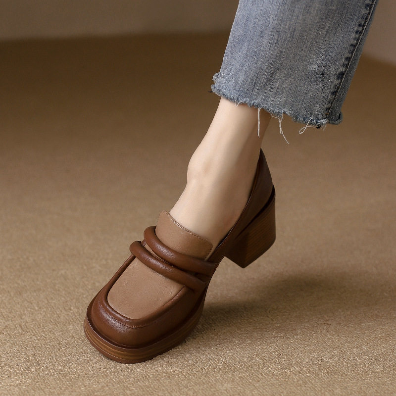 MEili KISS seconds bigger and long legs 2023 new Inn wind small leather leather heel thick heel thick base-Taobao