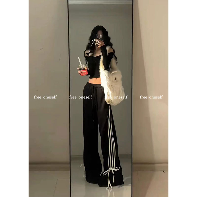Free Optimist High-Waisted Loose Wide-Leg Casual Sports Pants for Women with Bow Tie Straight-Leg Floor-Length Sweatpants Free Optimist High-Waisted Loose Wide-Leg Casual Sports Pants for Women with Bow Tie Straight-Leg Floor-Length Sweatpants