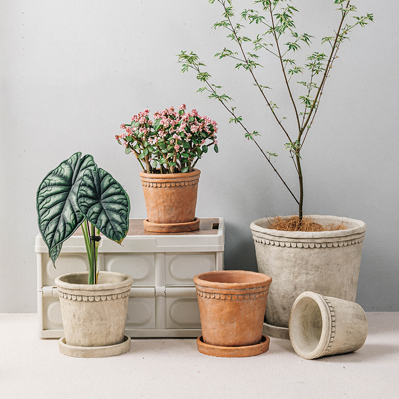 Antique-Style Rustic Ceramic Small Flower Pot in Red Clay Color, Simple Design, Breathable for Succulents and Orchids, Gardening Ornament with Tray