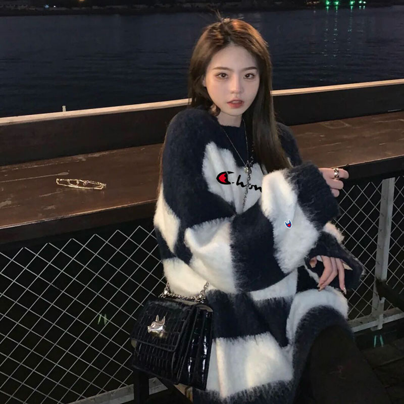 Cute Champion New Style Lazy Style Thick Sweater for Women, Autumn and Winter Gentle Korean Version Loose Striped Pullover Long Sleeve Top