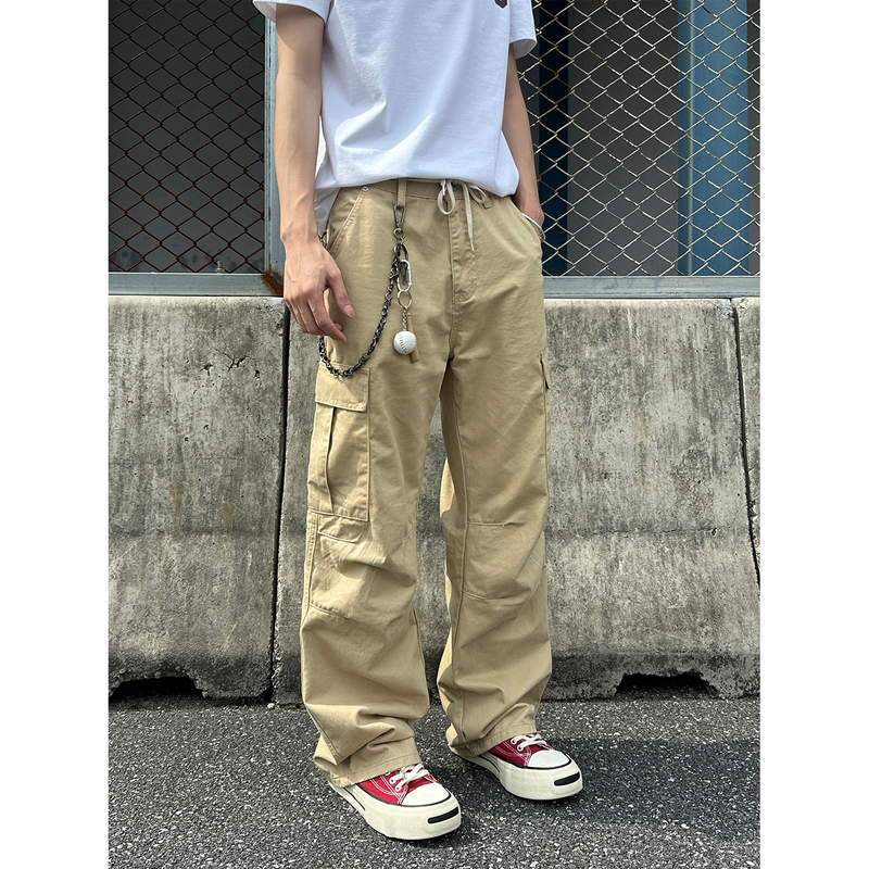 Faxims American Retro Style Blue Pleated Multi-Pocket Loose Wide-Leg Unisex Paratrooper Cargo Pants