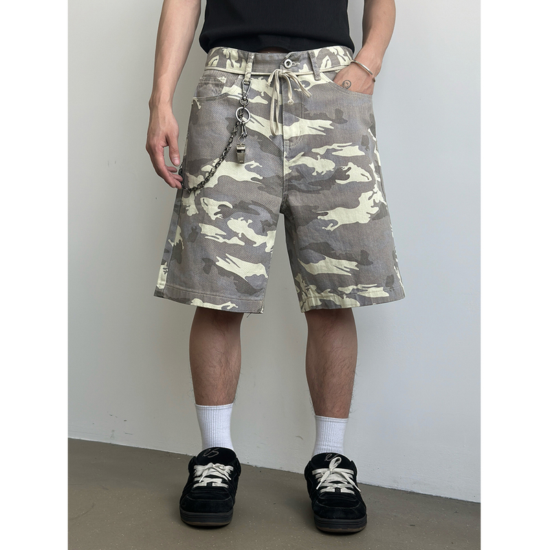 Faxims Store Camouflage Shorts American Retro Five-Point Shorts Loose Casual Summer Denim Mid-Length Shorts Trendy