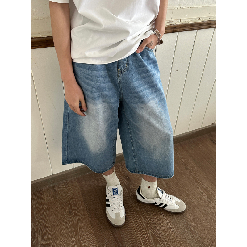 Faxims Store American-Style Wide-Leg 7/8 Pants, Washed and Faded with Whiskered Distressed Denim Casual Shorts