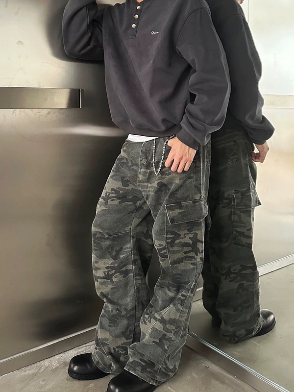 Faxims Store Camouflage Workwear Jeans Men's Trendy High Street Straight Casual Pocket Pants
